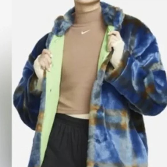 Nike Faux Fur Plaid Jacket Blue Green oversized Sportswear streetwear - Picture 2 of 11